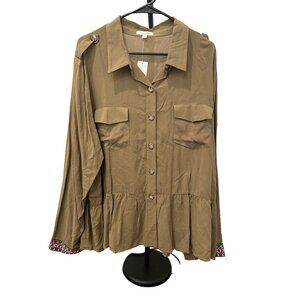Loralette NWT Womens Button Down Peplum Shirt 2X Brown Embroidered Trim